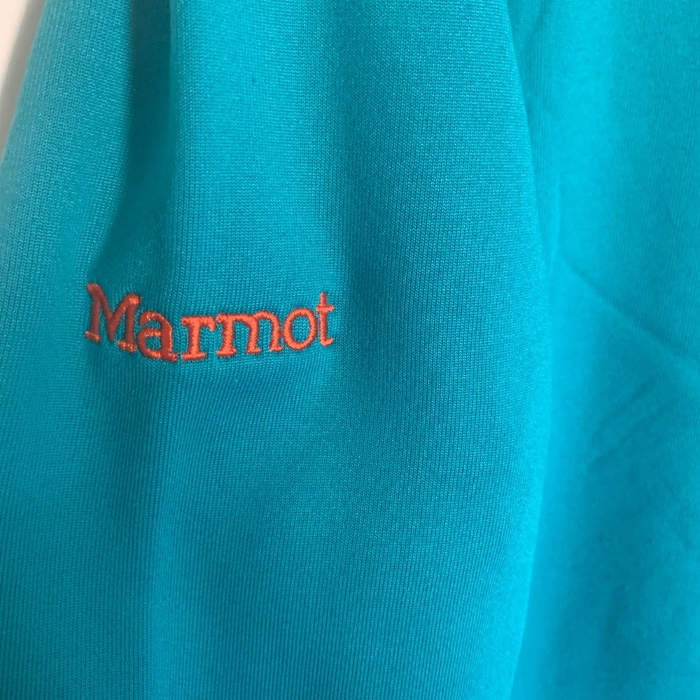 Marmot Teal Fleece with Orange Stitching Size M Vertical Zipped Pocket - Picture 8 of 12